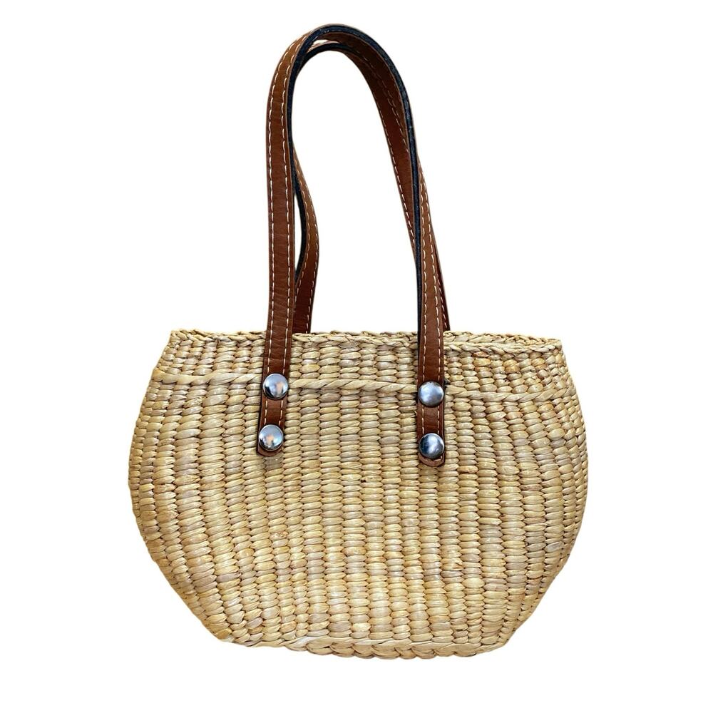 Sea and Grass Inner Drawstring Mini Straw Hyacinth Woven Tote Basket Handbag OS